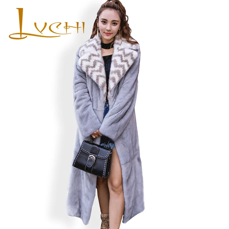 LVCHI 2019 Vrouwelijke Koude Jas Maxi Mink Fur Wave Cut Turn-down Neck Fashion OL Casual Losse Herfst Winter volledige Pelt Warm Overjas