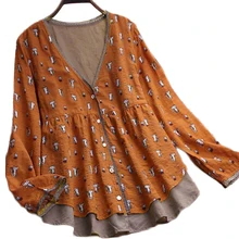 Женская Осенняя блуза с принтом, 2 предмета, хлопковая и льняная блузка, оранжевые и синие однобортные блузы, Mujer De Moda, большие размеры