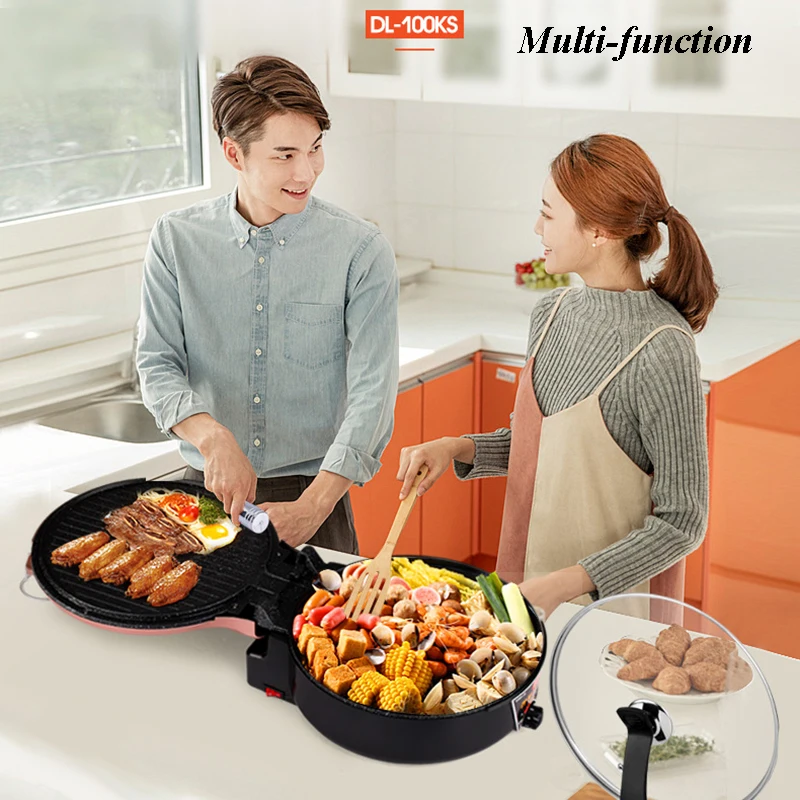 Household Electric Multi Cooker Grills Oven Cooker Hot Pot Multi-functional Smokeless Electric Roast Double Heating DL-100KS