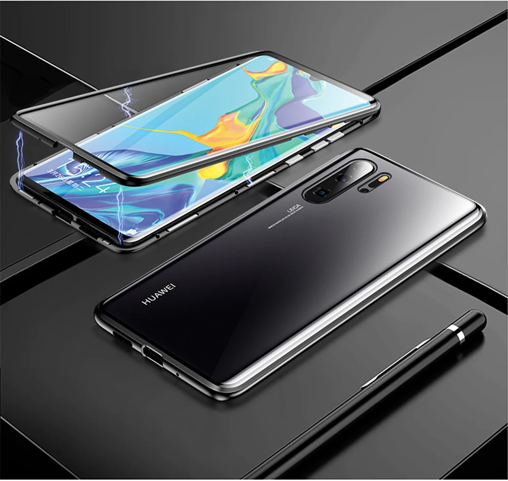 Магнитный чехол для huawei P30 Pro, полный корпус, защитный, роскошный, 360 поглощение, водонепроницаемый, закаленное стекло, покрытие, Funda, изогнутая поверхность