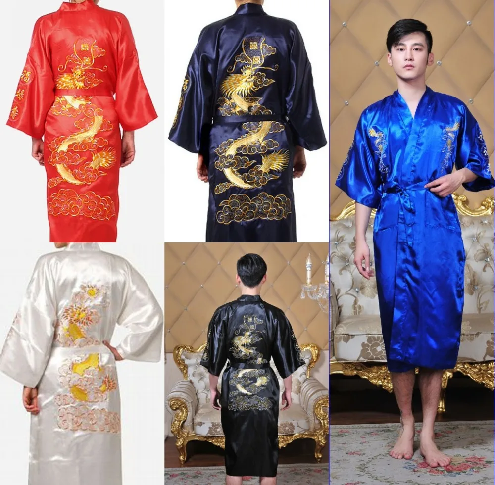 Embroidered Japanese Kimono Robe Sleepwear Dressing Gown for Men 
