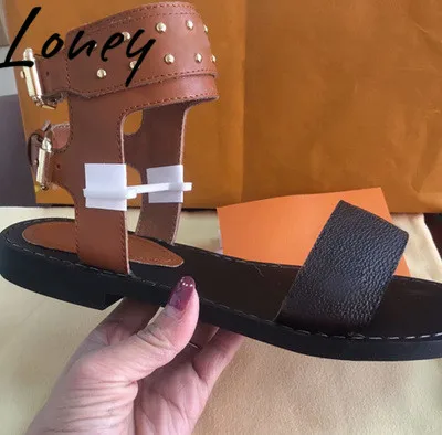 

Loney New Genuine Leather Buckle Strap Summer Sandals Open Toe Metal Studded Flats Sandals Shoes Women