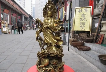 

USPS to USA S0576 18"China Brass exquisite craftwork lotus flower Kwan-Yin Guan Yin Ride on Dragon