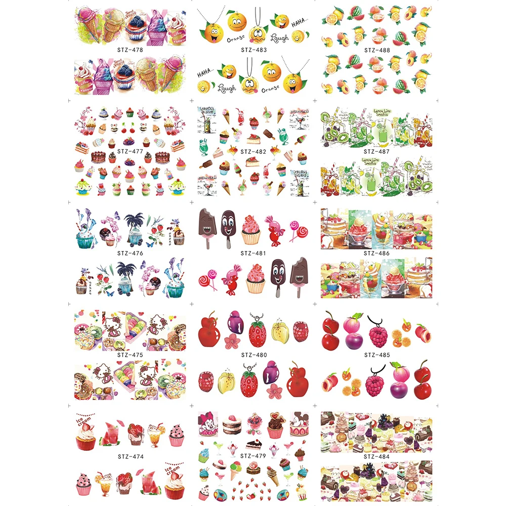 

15pcs Water Transfer Nail Art Stickers Charming Summer Design Color DIY Ice Cream/Fruit/Cherry/Strawberry Tip Decor SASTZ474-488
