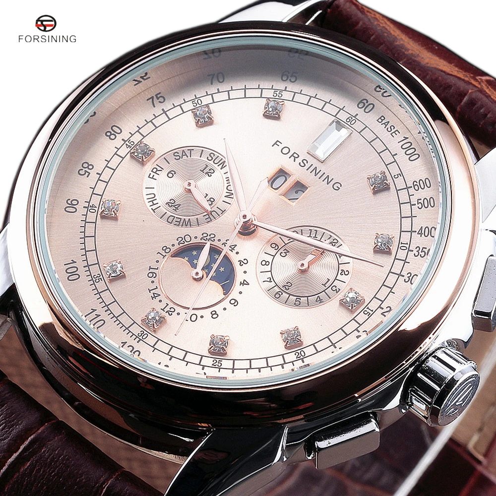 Forsining Moon Phase Shanghai Movement Rose Gold Case Brown Genuine Leather Strap Mens Watches Top Brand Luxury Auotmatic Watch Forsining Moon Phase Shanghai Movement Rose Gold Case Brown Genuine Leather Strap Mens Watches Top Brand Luxury Auotmatic Watch