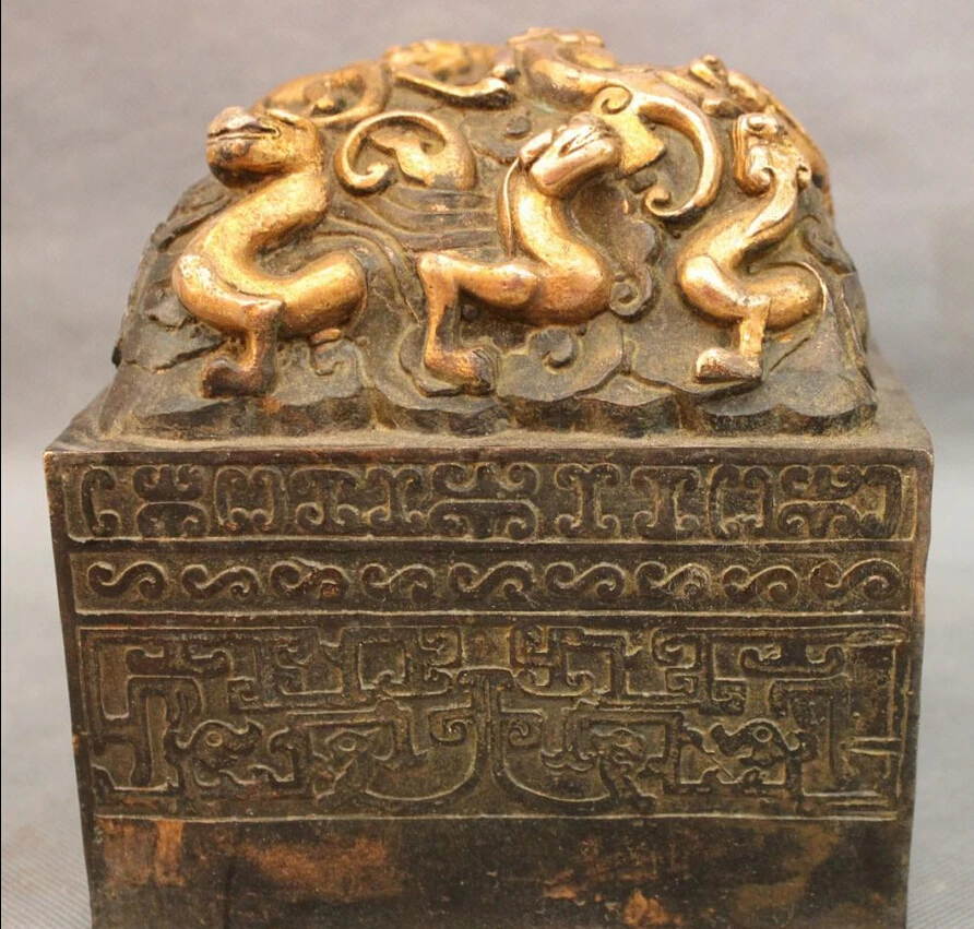 

S3576 Dynasty Chinese Bronze Gilt Dragon Kylin Unicorn Beast Statue Seal Stamp Signet D0318