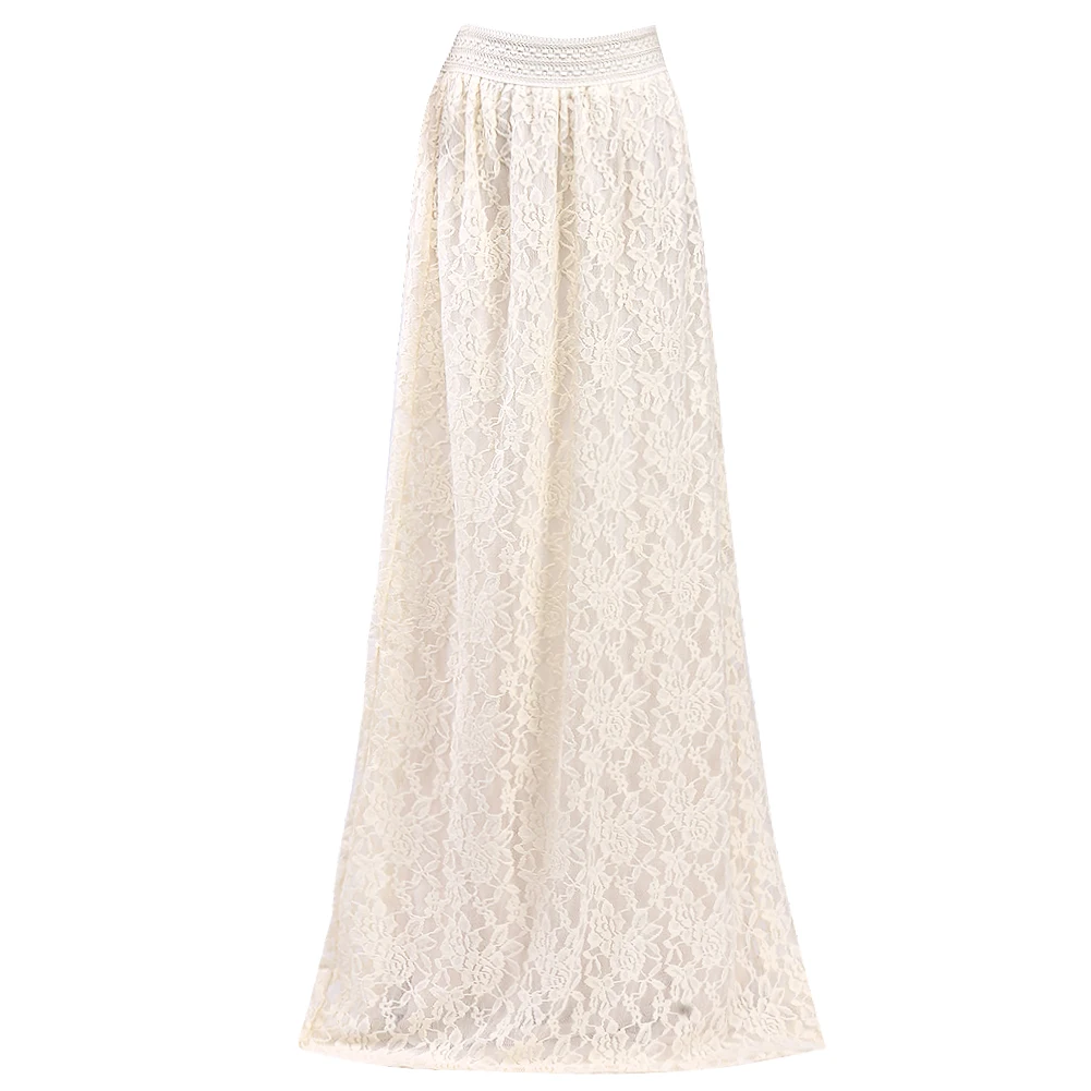 Женская кружевная юбка макси, многослойная, для девушек, двухслойная, с цветами, плиссированная, макси, эластичная, с высокой талией, длина до пола, белые юбки