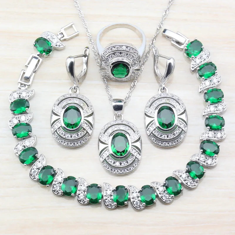 

Jolly Oval Green Cubic Zircon 925 Sterling Silver Wedding Jewelry Sets For Bridal Women Fashion Accessories Ring Size 6/7/8/9/10