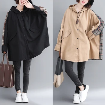 

[EWQ] 2020 Spring Autumn New Fashion Turn Down Collar Long Sleeve Hooded Plaid Print Patchwork Single Breasted Coat Women AF246