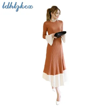 

LDHTZKCX Patchwork Long-sleeved Mid-calf Dress Female 2018 Autumn-winter New Fresh Sweet Flare Sleeve Cotton Knitted Dress CX323