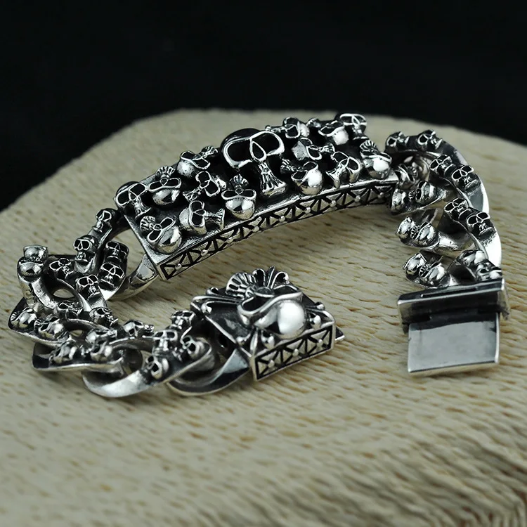 

Factory Direct S925 Silver Skull Bracelet Thai Silver Retro Punk Trend men's Sterling Silver Personalized Bracelet