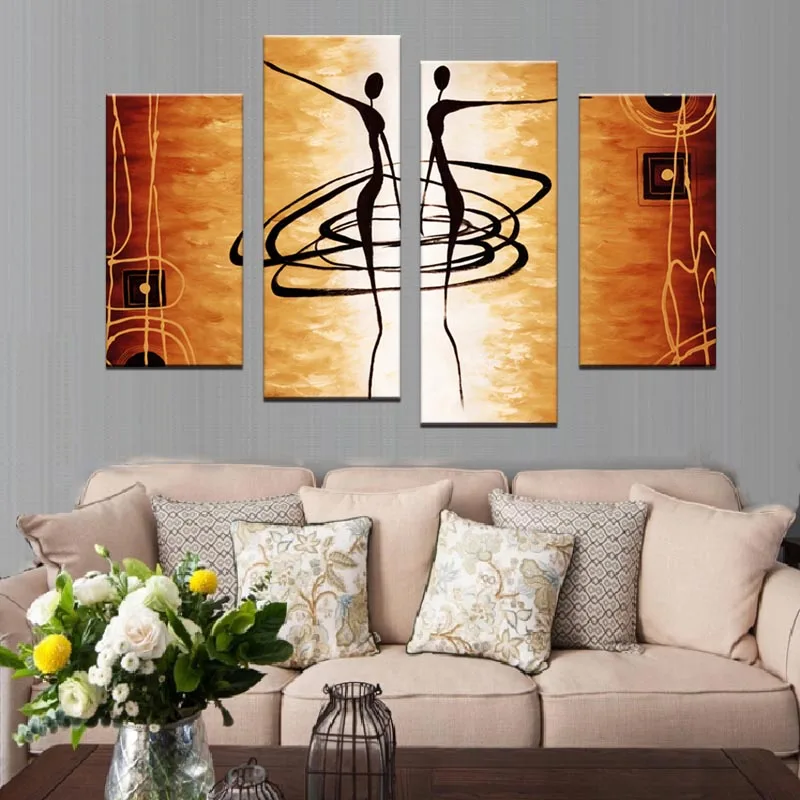 

4 Pcs/Set Handmade Abstract Figures Oil Painting Modern Lover Dance Figures Golden Wall Art for Home Decor Canvas Painting