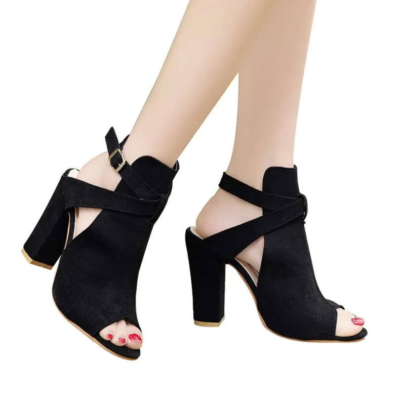 

Women Fashion Solid Flock Peep Toe Wedges Hasp Sandals High Heeled Shoes Zapatos Mujer Tacon Chaussures Femme Nice New
