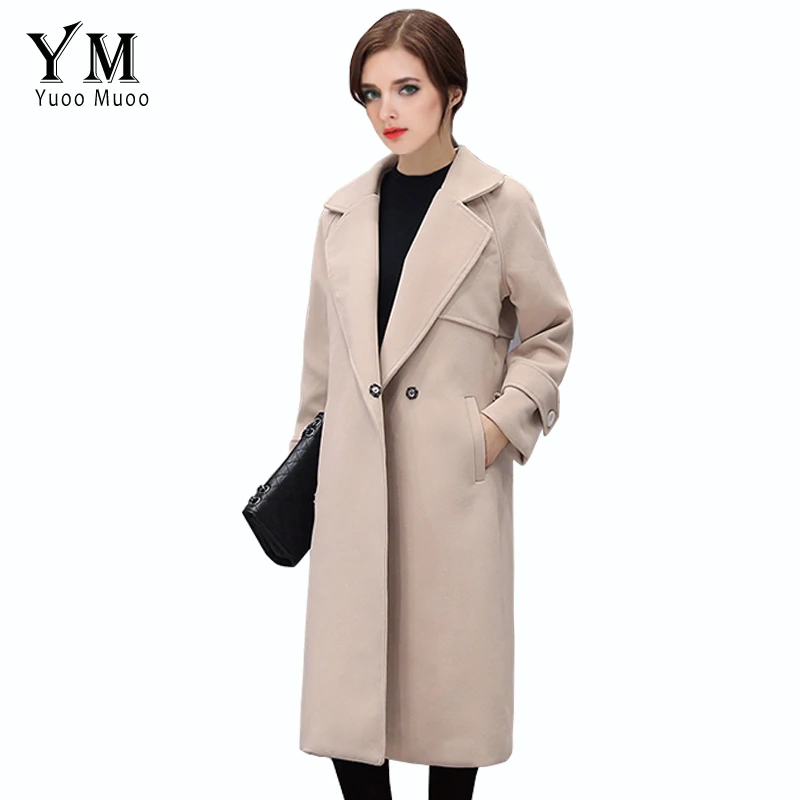 YuooMuoo Spring Autumn Women Beige Solid Wool Jacket Coat Female Winter Woolen Long Coat Turn Down