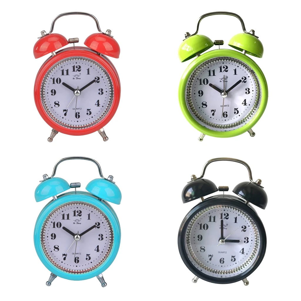 Classic Silent Double Bell Alarm Clock Quartz Movement Bedside w// Night Light !