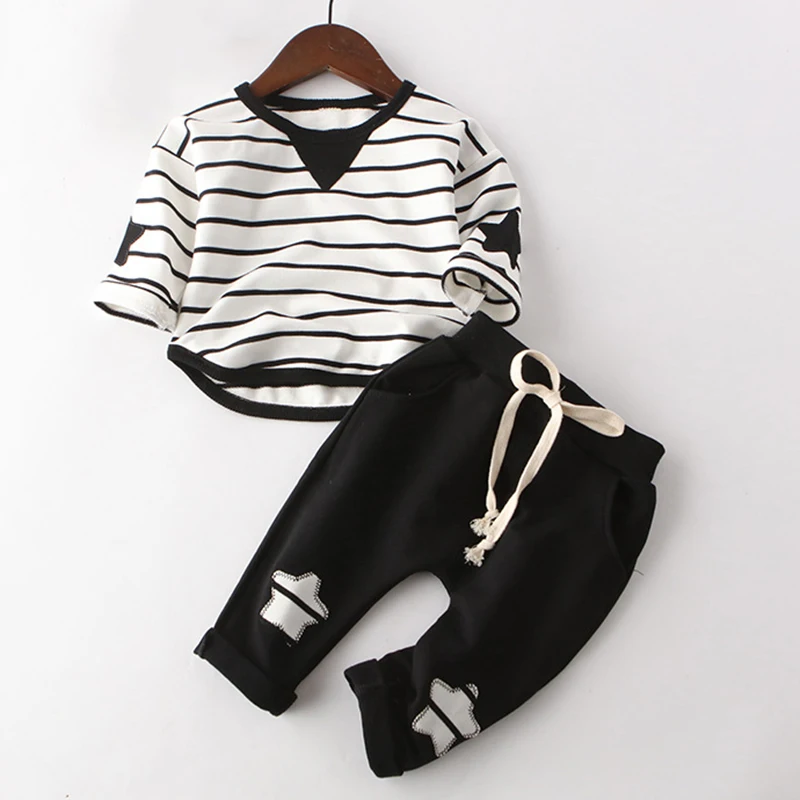 

Children Clothes Sets 2017 New Autumn Style Kids Long-Sleeve Striped T-shirt + Solid Color Pants Baby Boys Clothes Suits