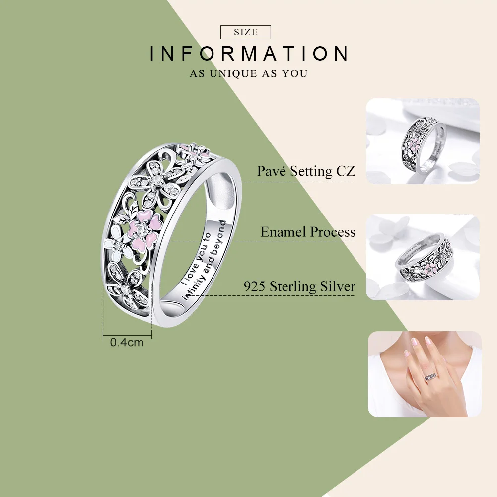 BAMOER Fashion 925 Sterling Silver Daisy Flower & Infinity Love Pave Finger Rings for Women Wedding Engagement Jewelry SCR390