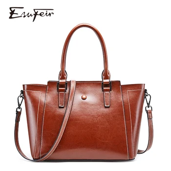 

New ESUFEIR Oil Wax Leather luxury Women Handbag Split Leather Fashion Female Shoulder Bag Casual Tote Bags for Women 2019 bolsa