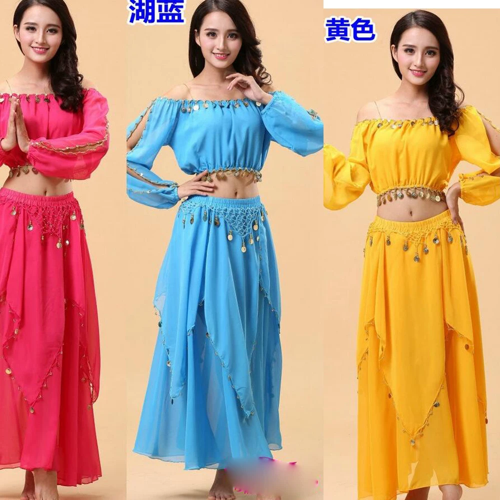 

Girls Ballroom Bollywood Dancing dress Indian Belly Dance wear Costumes Set For Women Chiffon belly Outfits Top and Skirt Suits