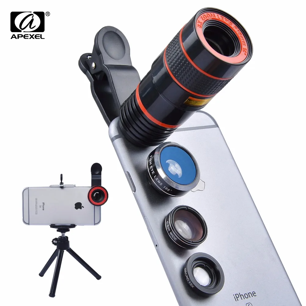 imágenes para Apexel 5in1 universal 8x de zoom de la lente de ojo de pez gran angular macro teléfono con cámara de lente para iphone 6 6s 7 plus samsung s7edge xiaomi 8XDG3 imágenes para Apexel 5in1 universal 8x de zoom de la lente de ojo de pez gran angular macro teléfono con cámara de lente para iphone 6 6s 7 plus samsung s7edge xiaomi 8XDG3