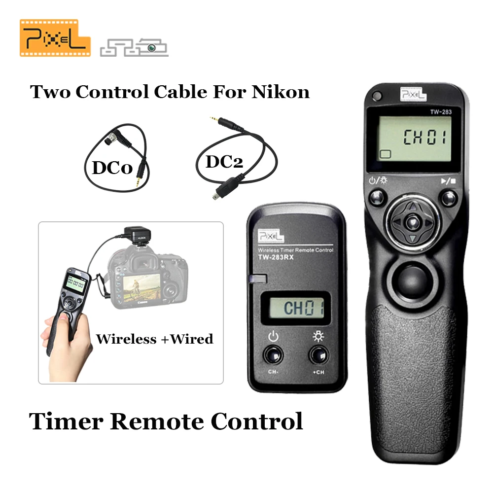 

Pixel TW283 TW-283/DC0 Wireless Timer Remote Shutter Release + DC2 Control Cable For Nikon D3100 D7100 D7000 D5100 D5000 Cameras