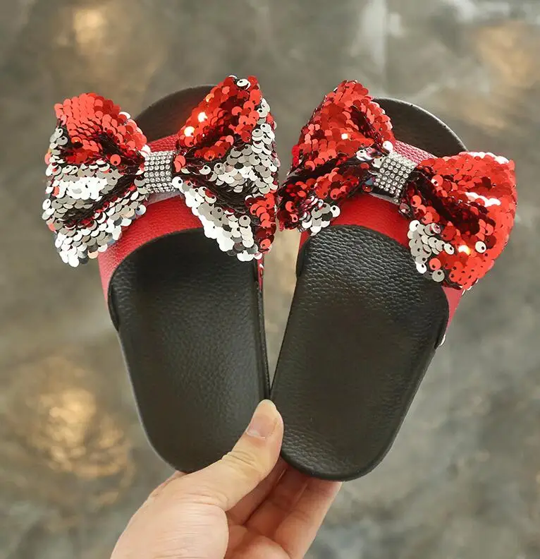 

Girls Rhinestone Bow-knot Summer Sandals with soft thick bottom, Kids Lovely Glitter Shoes, Red, Silver, Black, Multi-color
