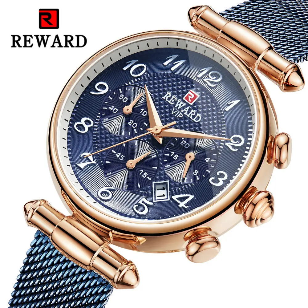 

REWARD Fashion Blue Watch Women Quartz Chronograph Analog Clock Ultra-thin Mesh Strap Waterproof Ladies Watches Top Brand Luxury