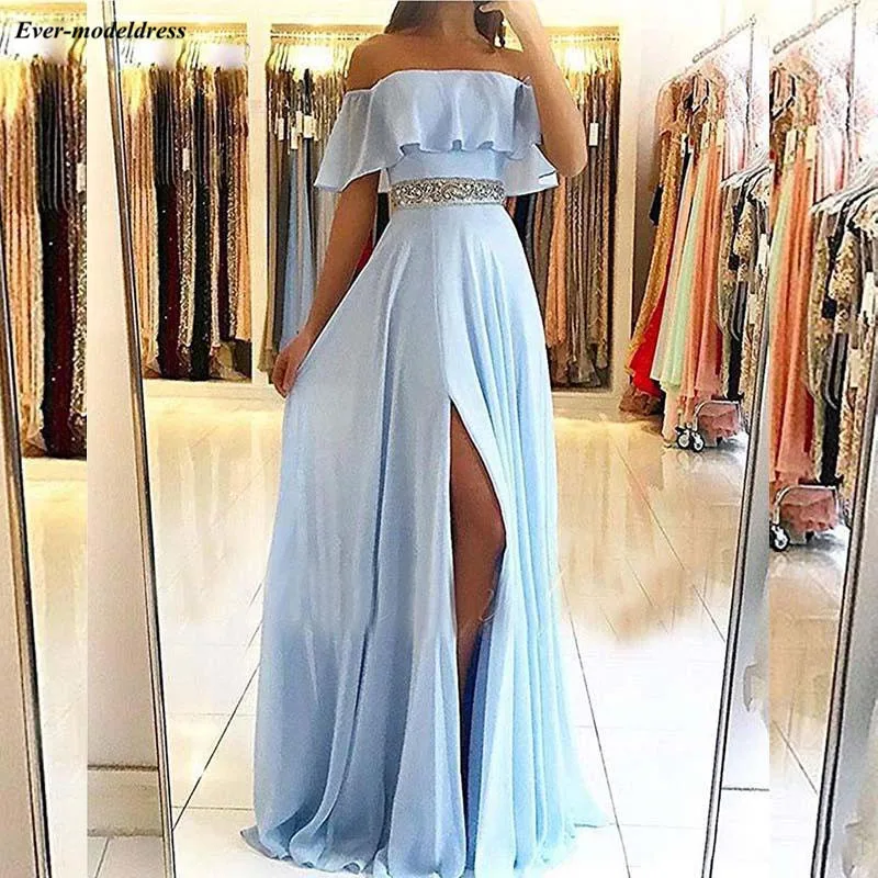 Небесно-голубое шифоновое платье для выпускного вечера, длинное с разрезом, с открытыми плечами, с бисером, с поясом, вечерние платья Gala Jurken