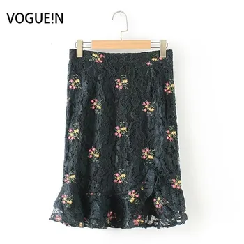 

New Womens Fashion Lace Floral Embroidery Black Asymmetric Ruffed Hem Knee Length Skirt
