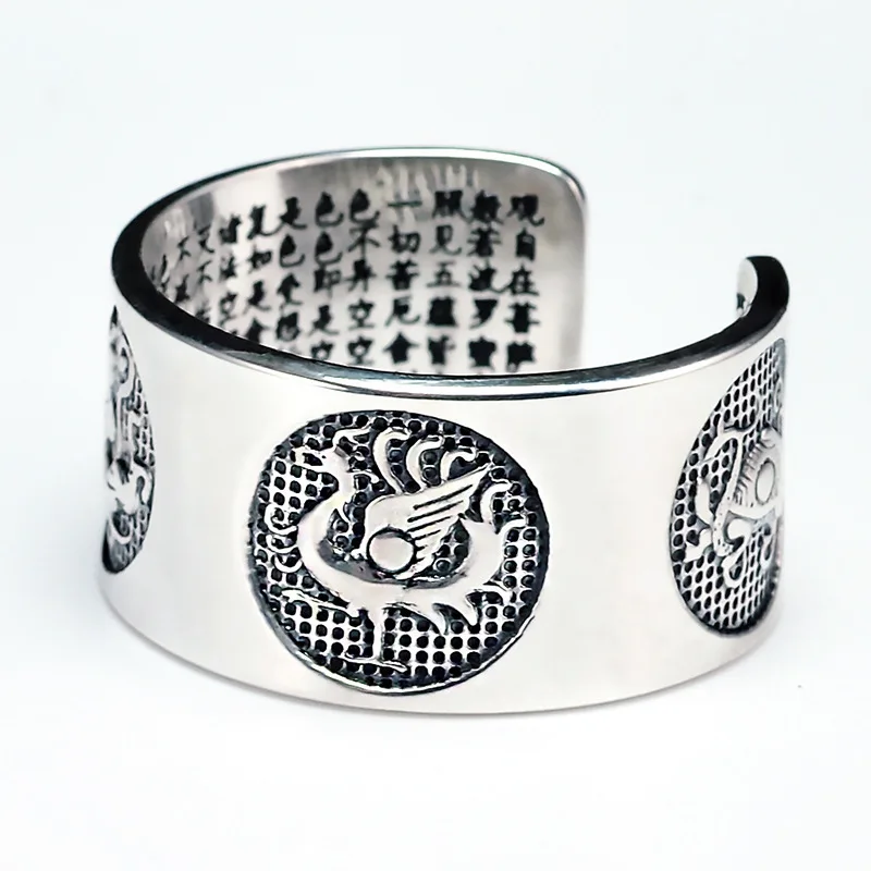 999 Pure Silver Mens Rings Carving Sutra Chinese Mythical Four Animals Dragon Tiger Tortoise Bird Prayer Healing Jewelry