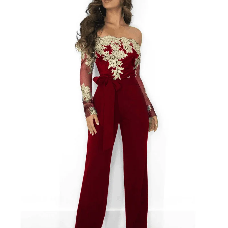 New Fashion High Waist Sexy Clubwear Jumpsuits Flower Embroidery Off Shoulder Wide Leg Jumpsuit For Women