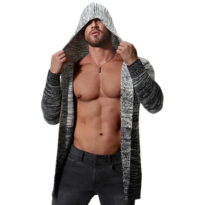 

New Fashion Men's Thicken Knit Hooded Cardigan Casual Men's Long Gradient Gray Slim Sweater Coats for Male Autumn Winter M-2XL