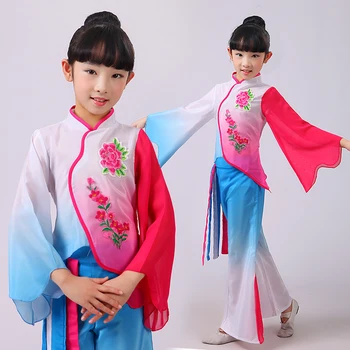 

Girls sequins Embroidery Chinese folk dance costumes green/red children fan yangko classical dance stage performance clothing