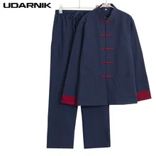 Мужские комплекты из хлопка в китайском стиле костюм Тан однотонный воротник-стойка с длинным рукавом однобортный Топ Брюки с эластичной резинкой на талии 223-475