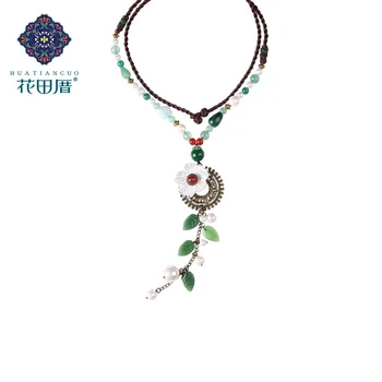 

Cute Handmade Pendant Necklace Colored Glass Leaves Shell Bead Tassel Glass Shell Petal Green Stone Female Accessories CL-17057