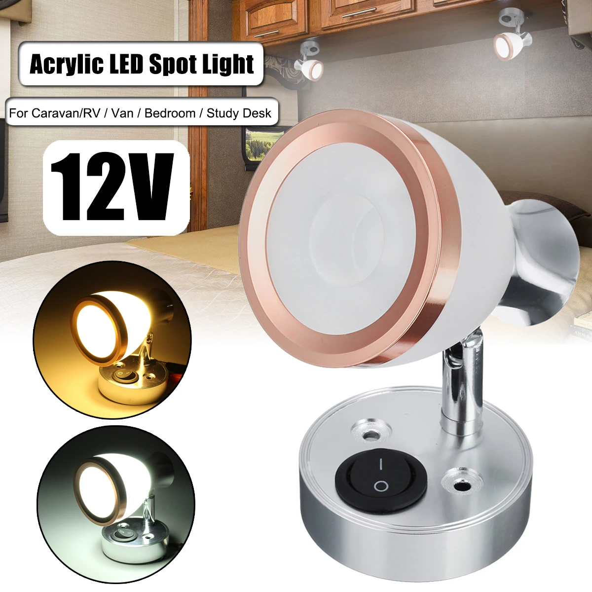 

12V 3W Multi-functional LED Rotatable Mini Spot Light Adjustable Reading Lamp for Kitchen/Bedside/Reading Desk/RV/Caravan/Truck