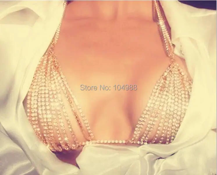 Women Fashion Gold Rhinestone Chains Jewelry Sexy Rhinestone Bra Body Chains Jewelry 3 Colors B762