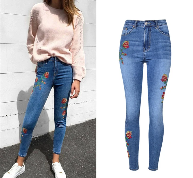 2017 European and American women's high waist elastic front and rear side of the cross embroidery roses washed cat to be cowboy pants pants pants (2)