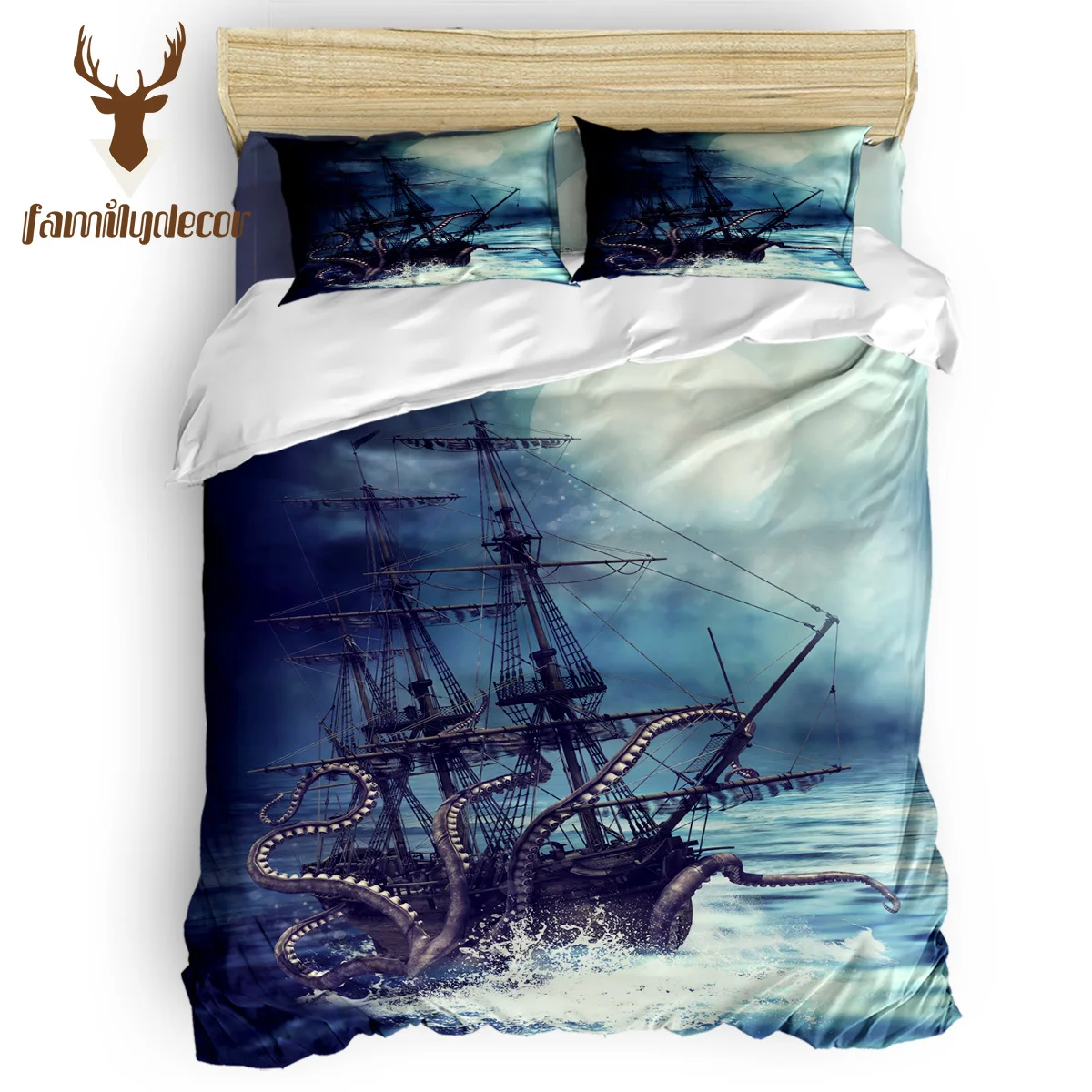 

FamilyDecor DHL Free Shipping Pirate Monster Octopus Water Night Moon Boat Sailing 4 Pcs Comforter Cover Set 4 Piece Bedding Set
