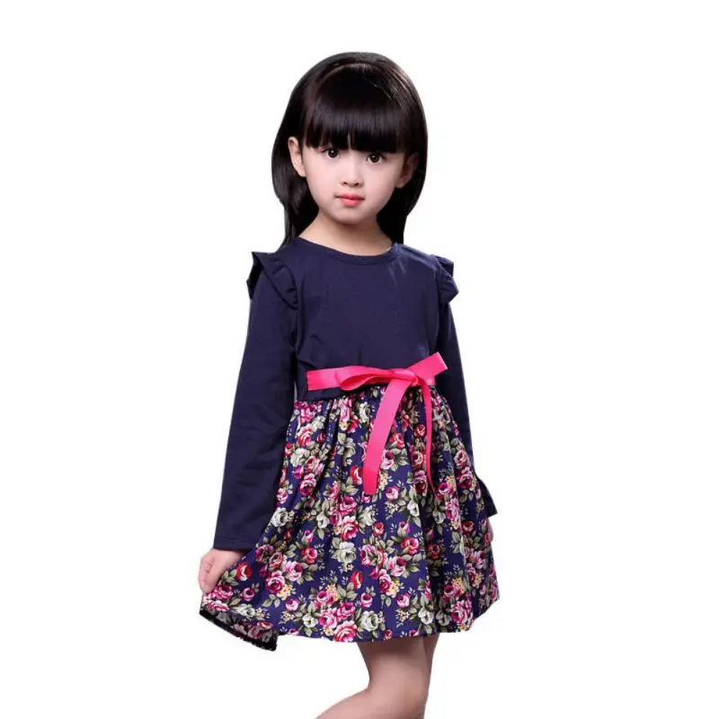

Fashion Children Girls Long Sleeve With Sashes Cute Kids Flower Pattern Print Dress With Latest Technology HT