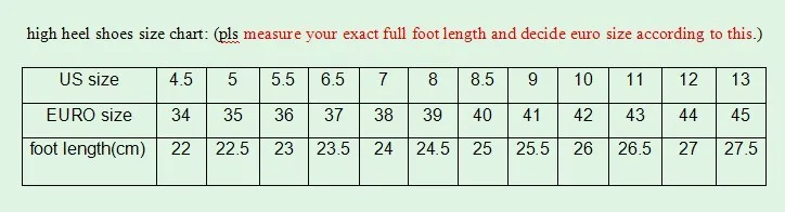 high heels size chart