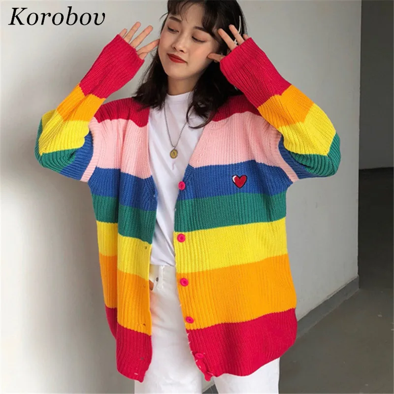 

Autumn New Ulzzang Wild Female Knitted Sweater Women V-Neck Harakuju Cardigans Rainbow Striped Patchwork Open Stitch 75827