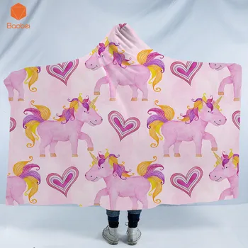 

3D Printed Cute Pink Unicorn Hooded Blanket For Adult Gothic Sherpa Fleece Wearable Throw Blanket Bedding 200*150cm/130*150cm