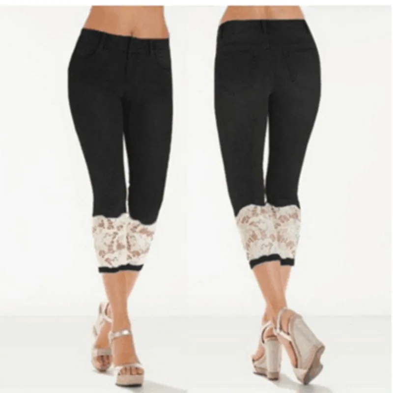 Облегающие женские летние брюки с вышивкой и кружевами, обтягивающие женские Капри, джинсы до колена, джинсовые шорты, джинсы стрейч размера плюс - Цвет: black