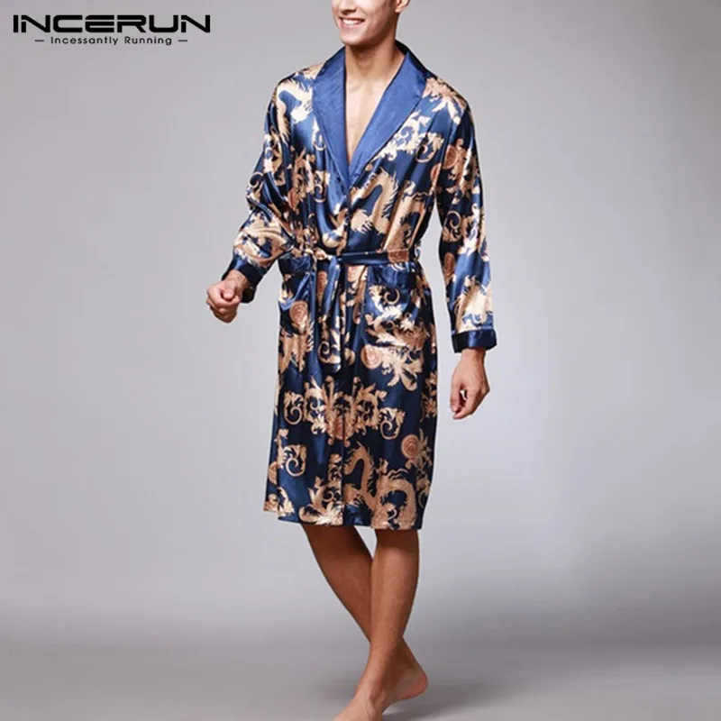 INCERUN Для мужчин халат пижамы из искусственного шелка с длинным рукавом халаты Ночная рубашка Китайский Дракон печати Удобные домашняя