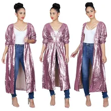 Новые осенние Для женщин длинный рукав куртка, Изготовленная с применением техники Открытый шов однотонные розовые блестки Кардиганы пикантная обувь для ночного клуба блестящие длинные пальто