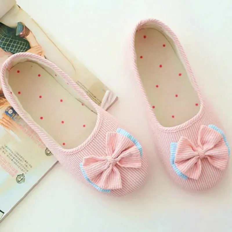 

Drop shipping color Matching Woman Indoor Floor Slippers Autumn spring Home Shoes Womens Bowtie Antiskid Slip-On