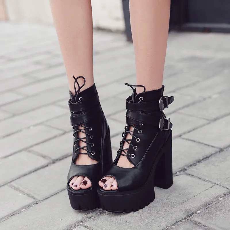

YMECHIC Punk Gothic Rock Chunky Sandals Peep Toe Cross Tied Black Boots Summer 2019 Buckle Strap Peep Toe Gladiator Boots Female