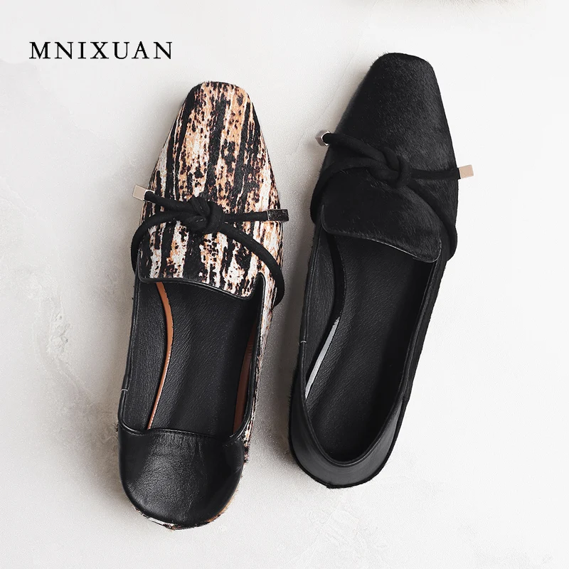 

MNIXUAN women flats shoes loafers leather 2018 new fashion square toe casual horsehair slip on ladies shoes big size 34-42 black