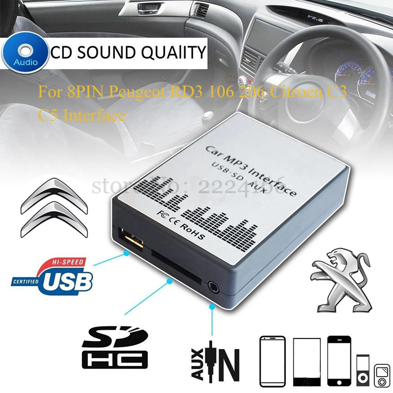 

SITAILE USB SD AUX car MP3 music player Adapters CD machine change for Peugeot 106 206 RD3 Citroen C3 C4 C5 8PIN Interface